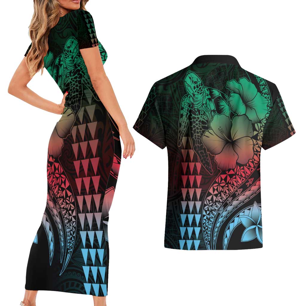 Hawaiian Sea Turtle Couples Matching Short Sleeve Bodycon Dress and Hawaiian Shirt Green Hibiscus Flowers and Kakau Pattern LT9 - Polynesian Pride
