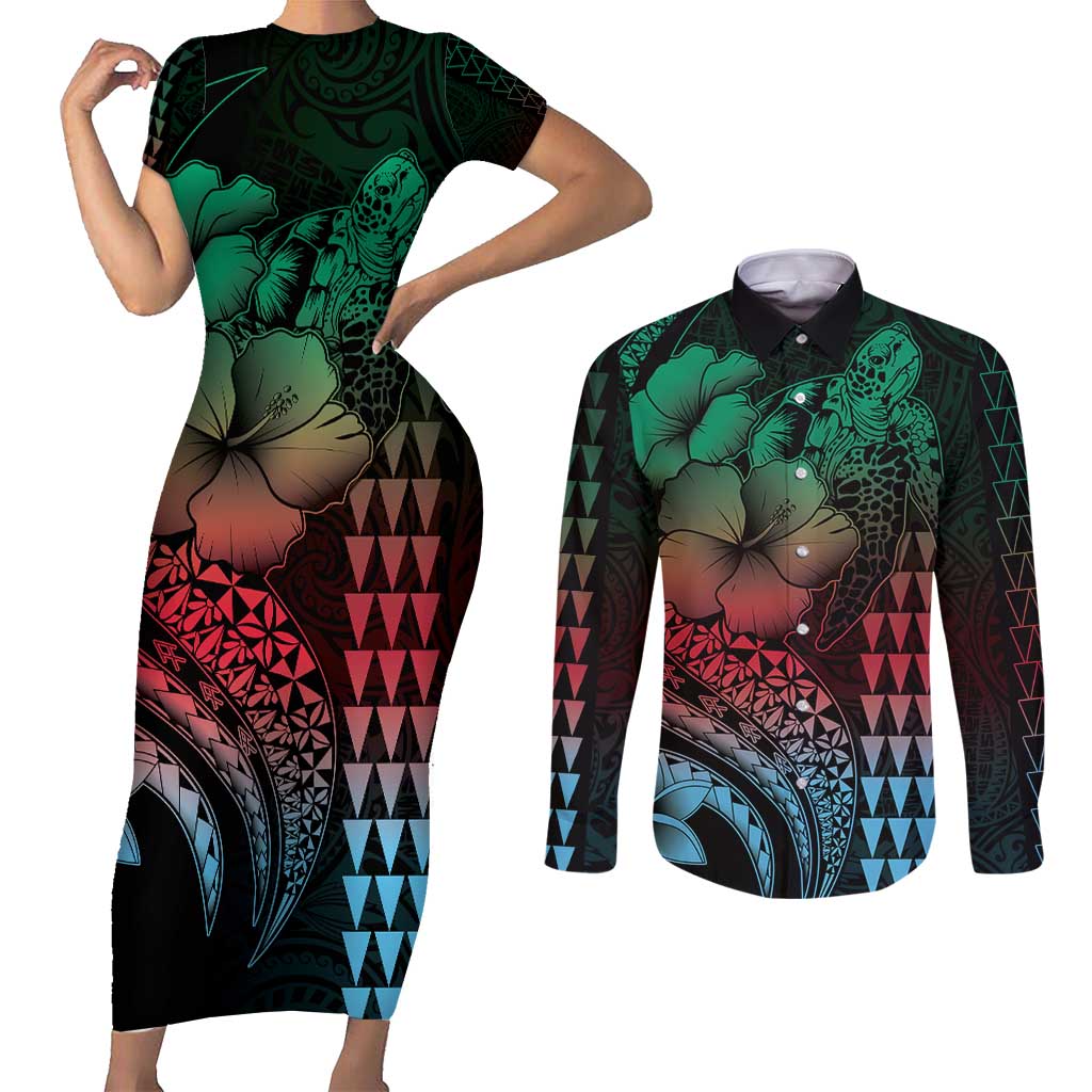Hawaiian Sea Turtle Couples Matching Short Sleeve Bodycon Dress and Long Sleeve Button Shirt Green Hibiscus Flowers and Kakau Pattern LT9 Green - Polynesian Pride