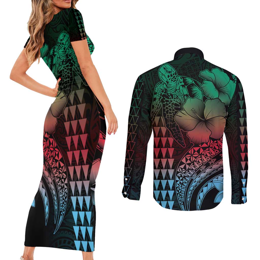 Hawaiian Sea Turtle Couples Matching Short Sleeve Bodycon Dress and Long Sleeve Button Shirt Green Hibiscus Flowers and Kakau Pattern LT9 - Polynesian Pride