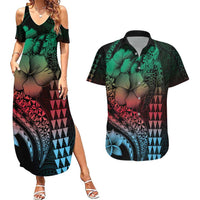 Hawaiian Sea Turtle Couples Matching Summer Maxi Dress and Hawaiian Shirt Green Hibiscus Flowers and Kakau Pattern LT9 Green - Polynesian Pride