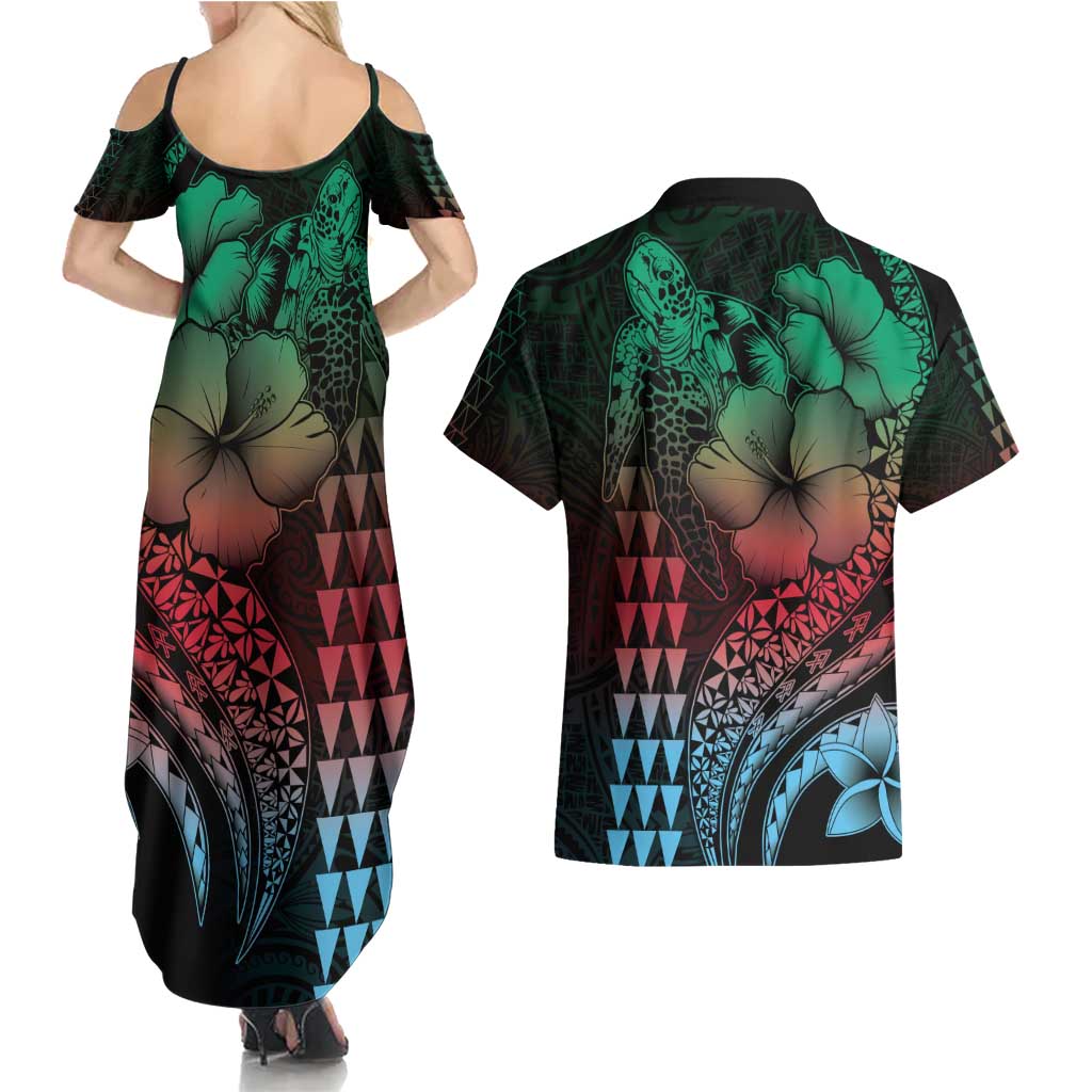 Hawaiian Sea Turtle Couples Matching Summer Maxi Dress and Hawaiian Shirt Green Hibiscus Flowers and Kakau Pattern LT9 - Polynesian Pride