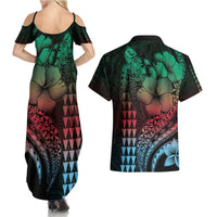 Hawaiian Sea Turtle Couples Matching Summer Maxi Dress and Hawaiian Shirt Green Hibiscus Flowers and Kakau Pattern LT9 - Polynesian Pride