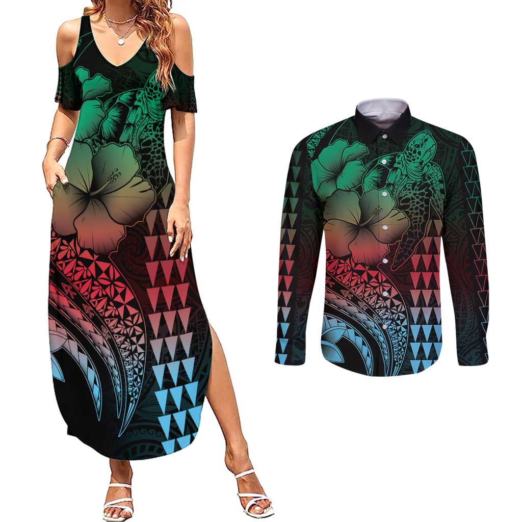 Hawaiian Sea Turtle Couples Matching Summer Maxi Dress and Long Sleeve Button Shirt Green Hibiscus Flowers and Kakau Pattern