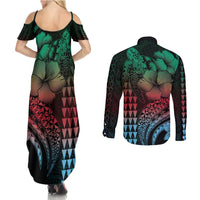 Hawaiian Sea Turtle Couples Matching Summer Maxi Dress and Long Sleeve Button Shirt Green Hibiscus Flowers and Kakau Pattern LT9 - Polynesian Pride