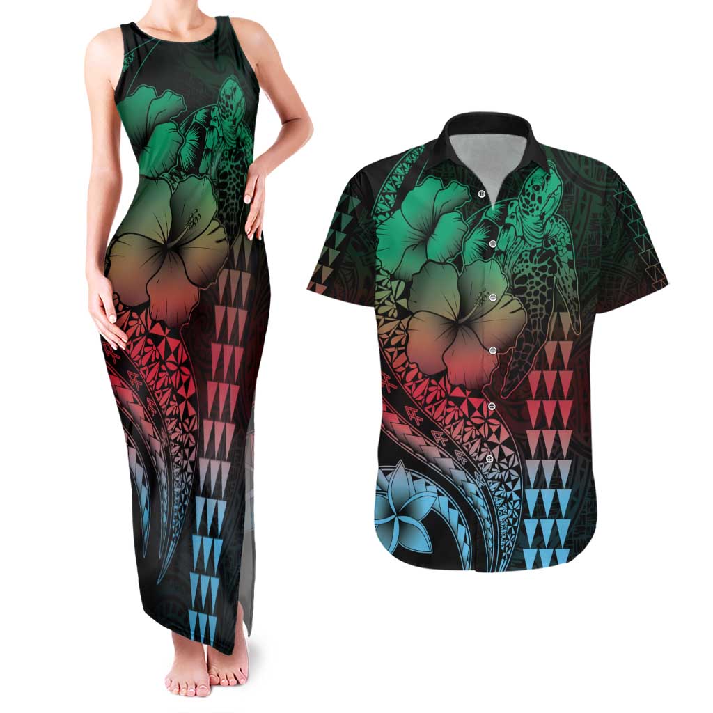 Hawaiian Sea Turtle Couples Matching Tank Maxi Dress and Hawaiian Shirt Green Hibiscus Flowers and Kakau Pattern LT9 Green - Polynesian Pride