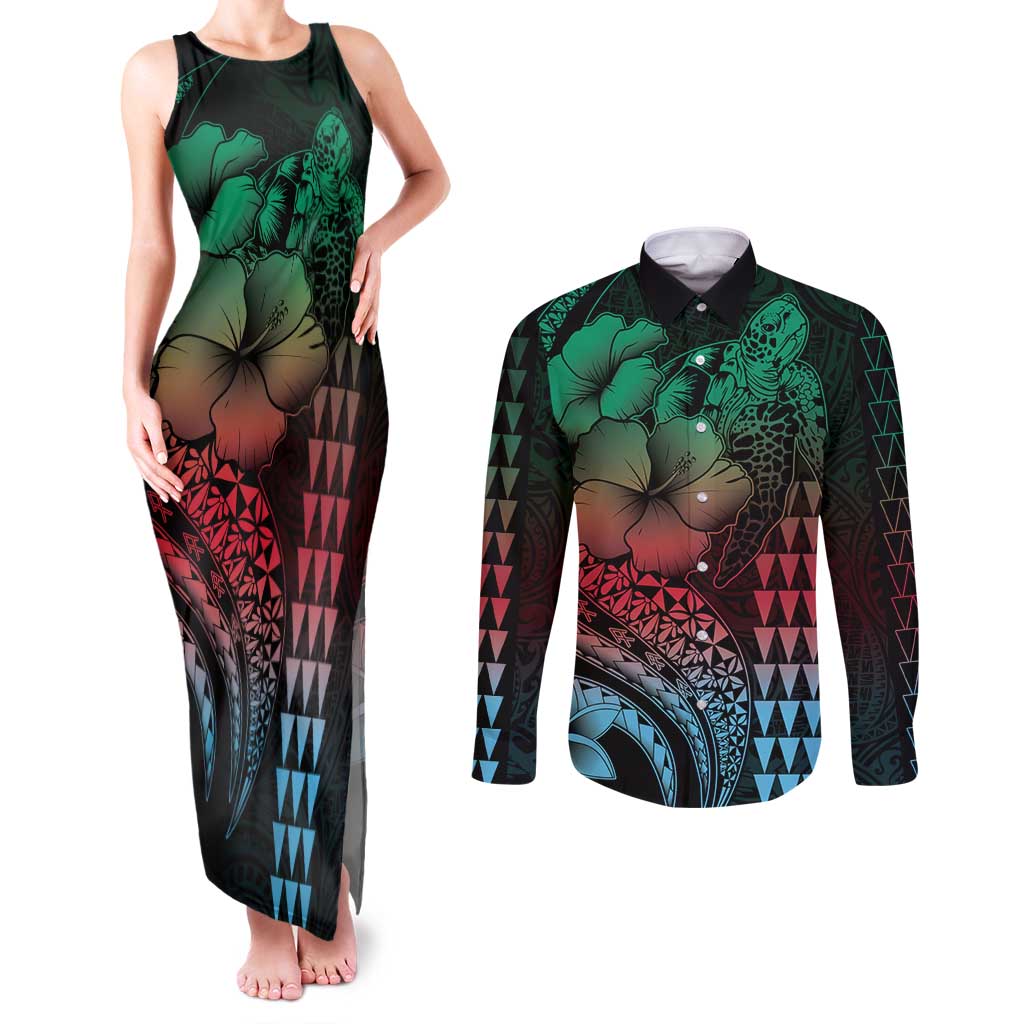 Hawaiian Sea Turtle Couples Matching Tank Maxi Dress and Long Sleeve Button Shirt Green Hibiscus Flowers and Kakau Pattern LT9 Green - Polynesian Pride
