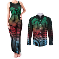 Hawaiian Sea Turtle Couples Matching Tank Maxi Dress and Long Sleeve Button Shirt Green Hibiscus Flowers and Kakau Pattern LT9 Green - Polynesian Pride