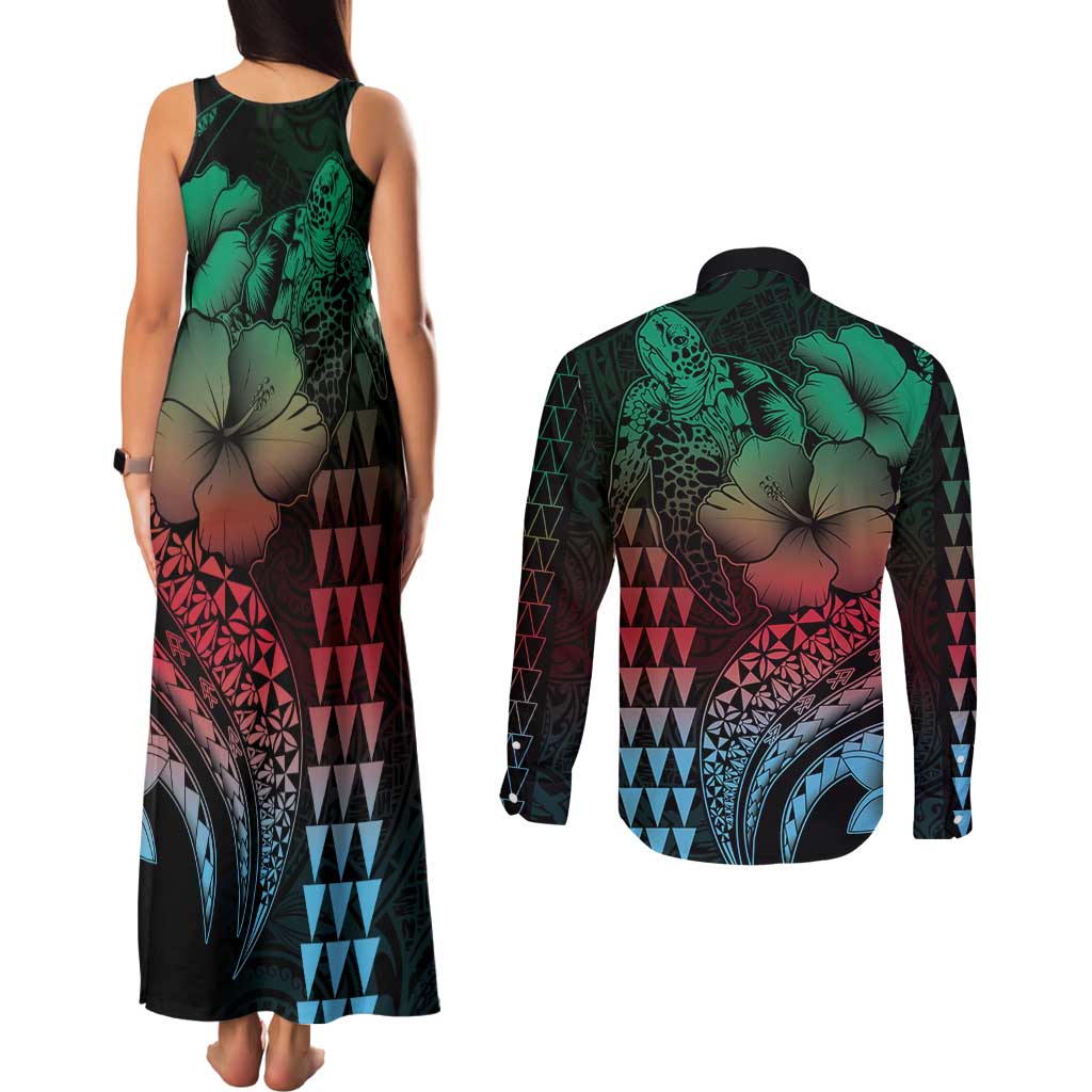 Hawaiian Sea Turtle Couples Matching Tank Maxi Dress and Long Sleeve Button Shirt Green Hibiscus Flowers and Kakau Pattern LT9 - Polynesian Pride