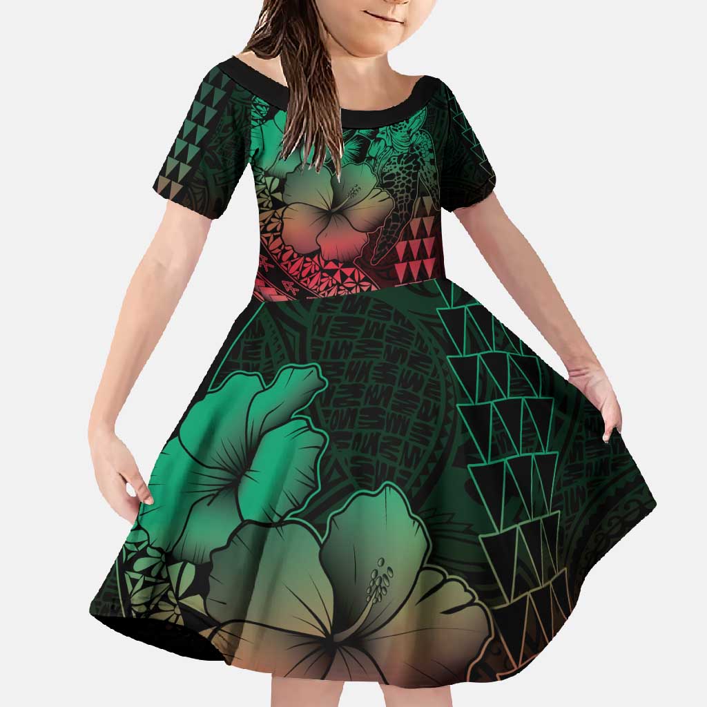 Hawaiian Sea Turtle Family Matching Mermaid Dress and Hawaiian Shirt Green Hibiscus Flowers and Kakau Pattern LT9 Daughter's Dress Green - Polynesian Pride