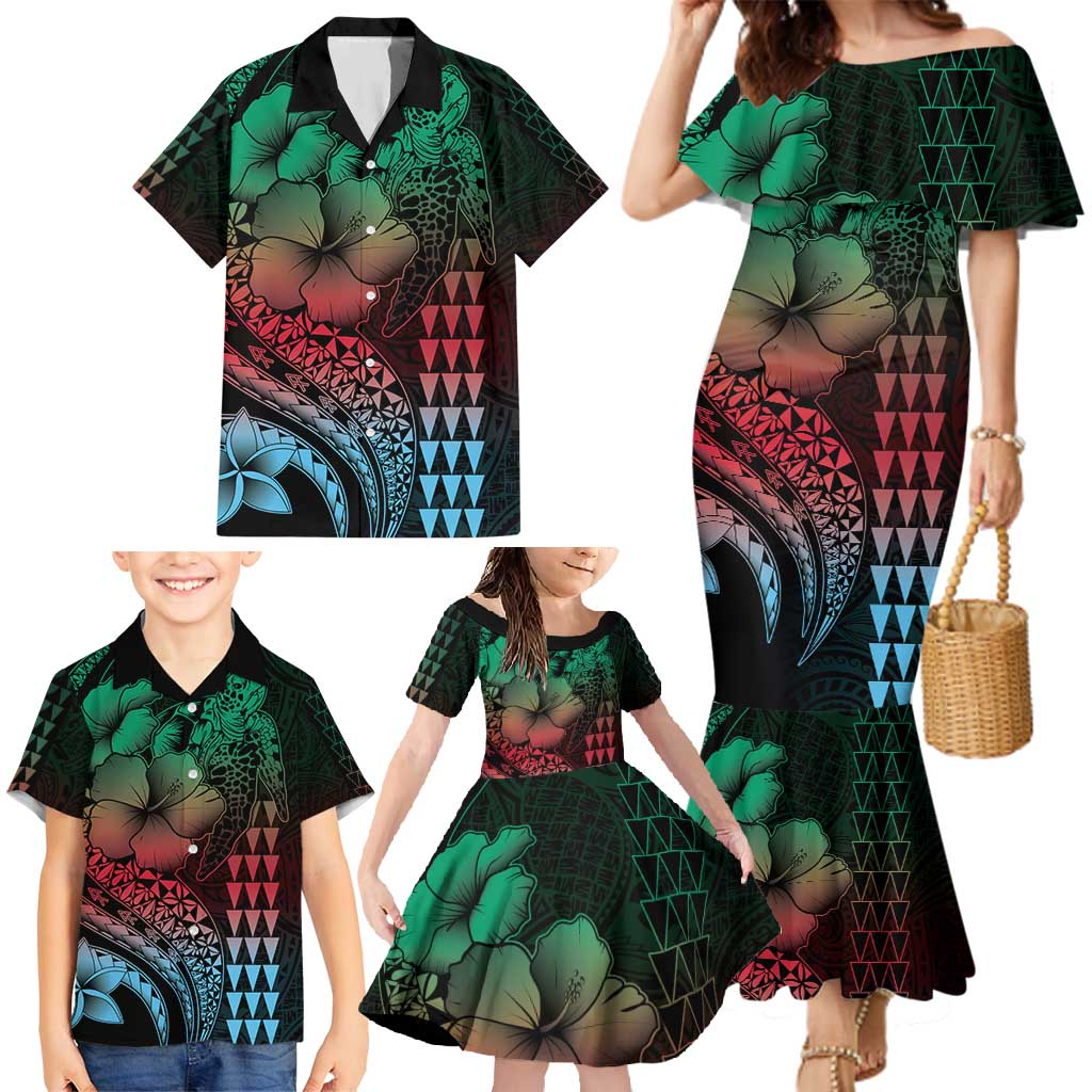 Hawaiian Sea Turtle Family Matching Mermaid Dress and Hawaiian Shirt Green Hibiscus Flowers and Kakau Pattern LT9 - Polynesian Pride