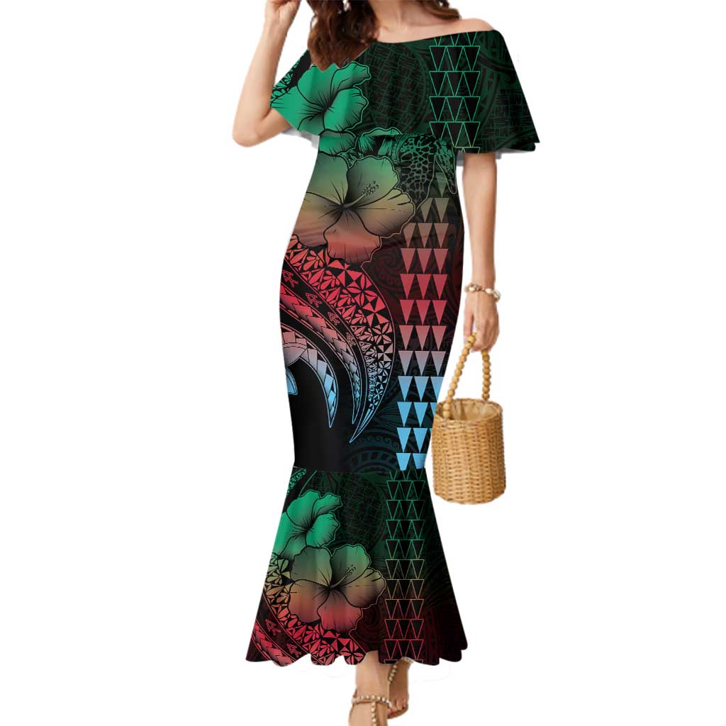 Hawaiian Sea Turtle Family Matching Mermaid Dress and Hawaiian Shirt Green Hibiscus Flowers and Kakau Pattern LT9 Mom's Dress Green - Polynesian Pride