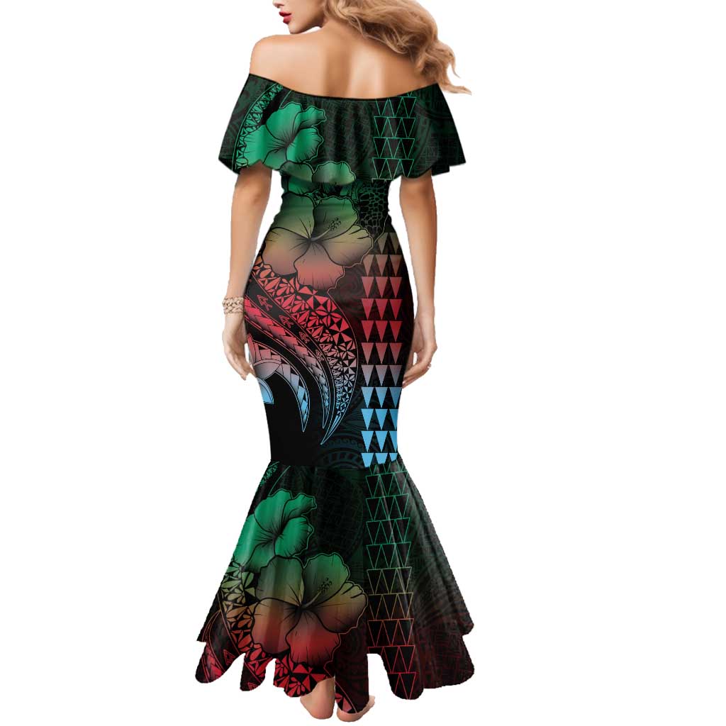 Hawaiian Sea Turtle Family Matching Mermaid Dress and Hawaiian Shirt Green Hibiscus Flowers and Kakau Pattern LT9 - Polynesian Pride
