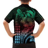 Hawaiian Sea Turtle Family Matching Off The Shoulder Long Sleeve Dress and Hawaiian Shirt Green Hibiscus Flowers and Kakau Pattern LT9 - Polynesian Pride