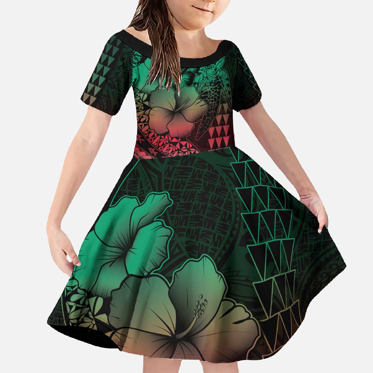Hawaiian Sea Turtle Family Matching Off The Shoulder Long Sleeve Dress and Hawaiian Shirt Green Hibiscus Flowers and Kakau Pattern LT9 Daughter's Dress Green - Polynesian Pride
