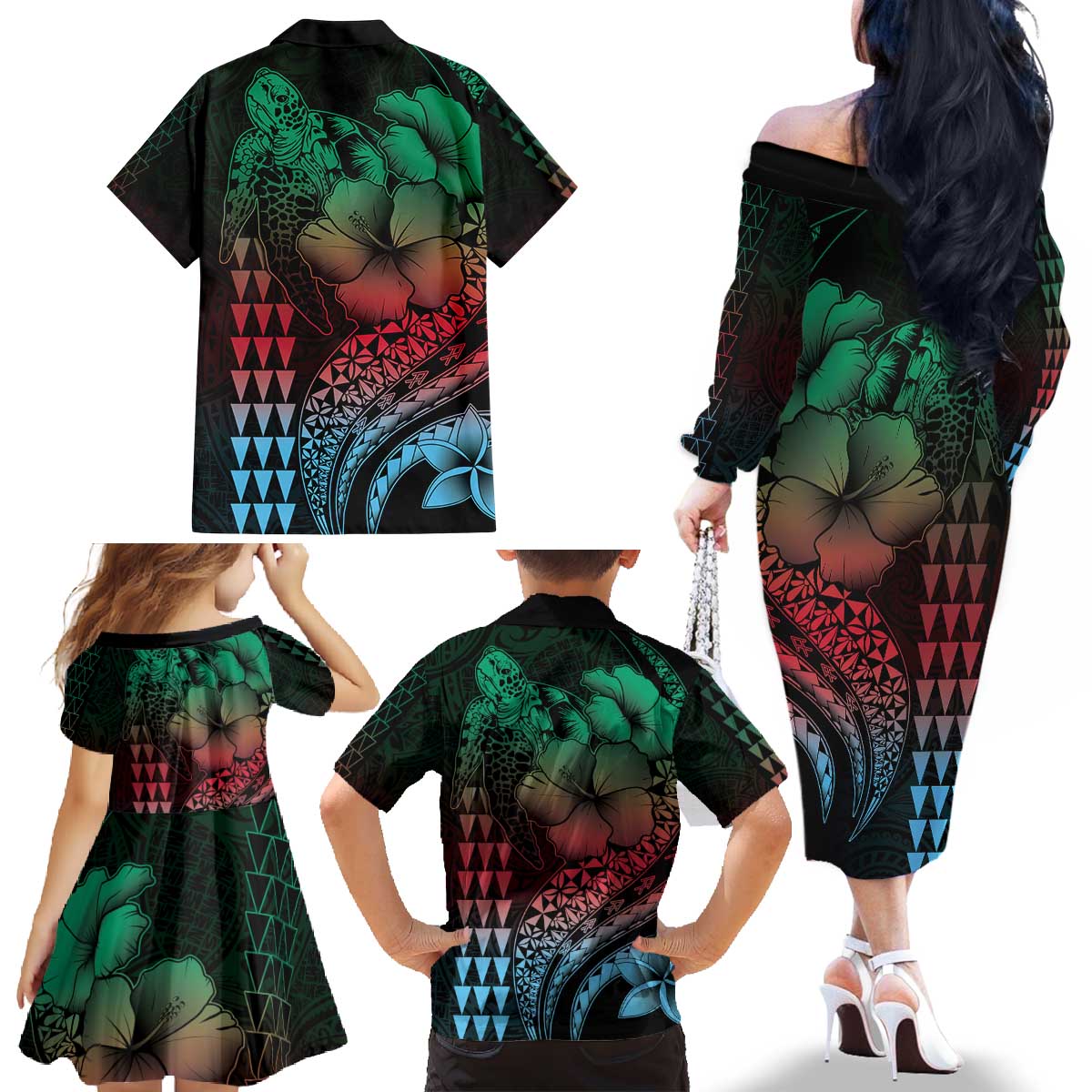 Hawaiian Sea Turtle Family Matching Off The Shoulder Long Sleeve Dress and Hawaiian Shirt Green Hibiscus Flowers and Kakau Pattern LT9 - Polynesian Pride
