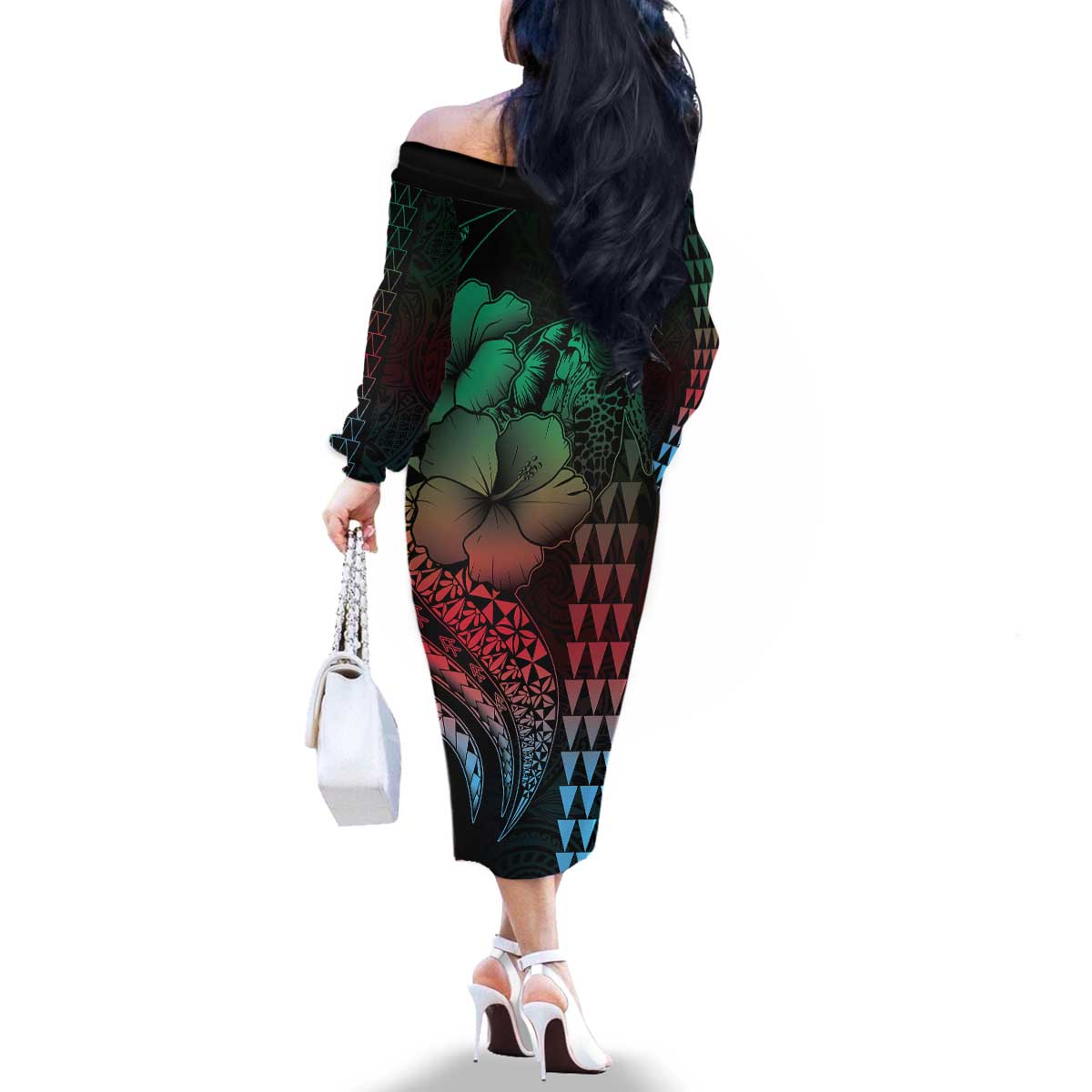 Hawaiian Sea Turtle Family Matching Off The Shoulder Long Sleeve Dress and Hawaiian Shirt Green Hibiscus Flowers and Kakau Pattern LT9 - Polynesian Pride