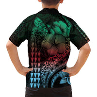 Hawaiian Sea Turtle Family Matching Off Shoulder Maxi Dress and Hawaiian Shirt Green Hibiscus Flowers and Kakau Pattern LT9 - Polynesian Pride