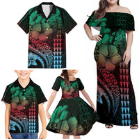 Hawaiian Sea Turtle Family Matching Off Shoulder Maxi Dress and Hawaiian Shirt Green Hibiscus Flowers and Kakau Pattern LT9 - Polynesian Pride