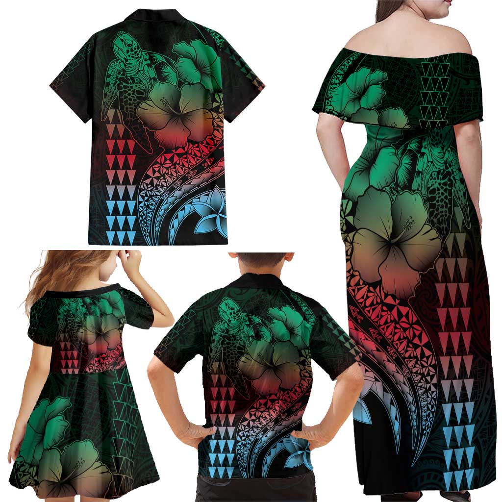 Hawaiian Sea Turtle Family Matching Off Shoulder Maxi Dress and Hawaiian Shirt Green Hibiscus Flowers and Kakau Pattern LT9 - Polynesian Pride