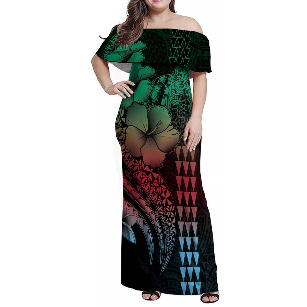 Hawaiian Sea Turtle Family Matching Off Shoulder Maxi Dress and Hawaiian Shirt Green Hibiscus Flowers and Kakau Pattern LT9 Mom's Dress Green - Polynesian Pride