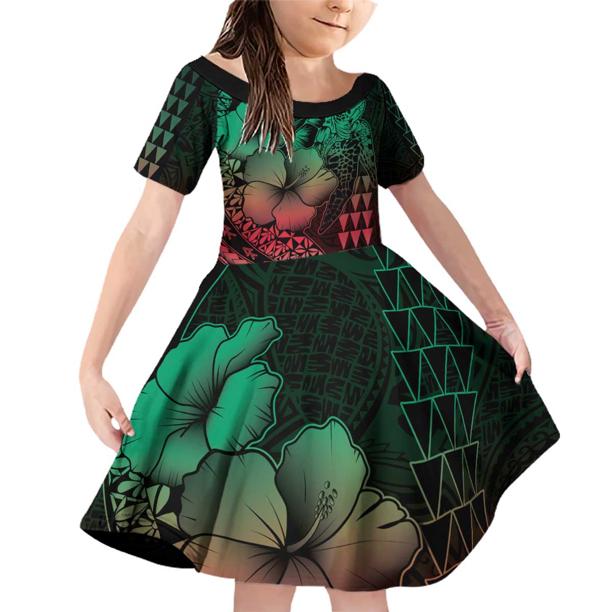 Hawaiian Sea Turtle Family Matching Off Shoulder Short Dress and Hawaiian Shirt Green Hibiscus Flowers and Kakau Pattern LT9 Daughter's Dress Green - Polynesian Pride