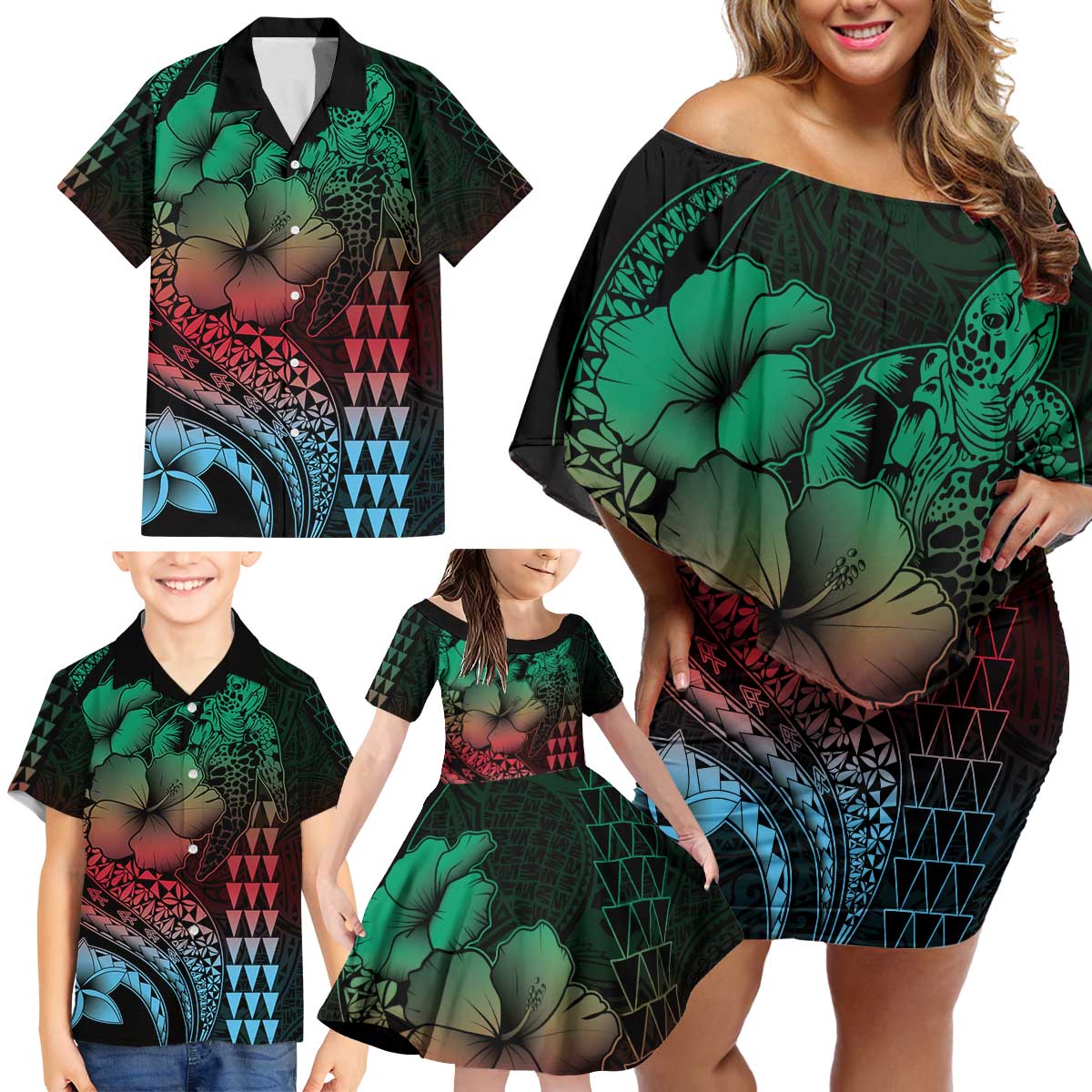 Hawaiian Sea Turtle Family Matching Off Shoulder Short Dress and Hawaiian Shirt Green Hibiscus Flowers and Kakau Pattern LT9 - Polynesian Pride