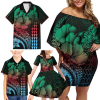 Hawaiian Sea Turtle Family Matching Off Shoulder Short Dress and Hawaiian Shirt Green Hibiscus Flowers and Kakau Pattern LT9 - Polynesian Pride