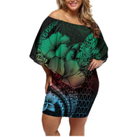 Hawaiian Sea Turtle Family Matching Off Shoulder Short Dress and Hawaiian Shirt Green Hibiscus Flowers and Kakau Pattern LT9 Mom's Dress Green - Polynesian Pride