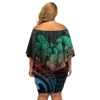 Hawaiian Sea Turtle Family Matching Off Shoulder Short Dress and Hawaiian Shirt Green Hibiscus Flowers and Kakau Pattern LT9 - Polynesian Pride
