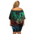 Hawaiian Sea Turtle Family Matching Off Shoulder Short Dress and Hawaiian Shirt Green Hibiscus Flowers and Kakau Pattern