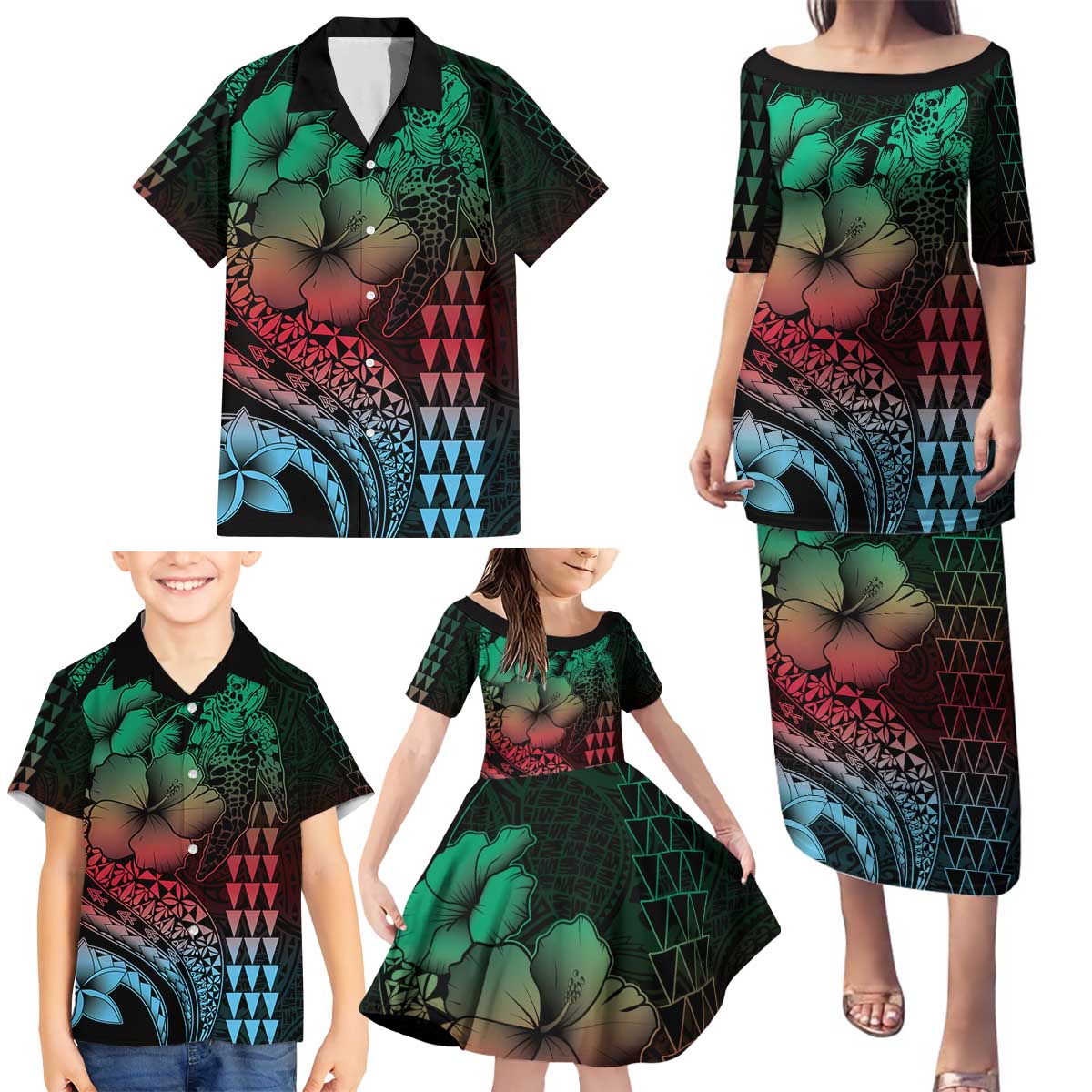 Hawaiian Sea Turtle Family Matching Puletasi and Hawaiian Shirt Green Hibiscus Flowers and Kakau Pattern LT9 - Polynesian Pride