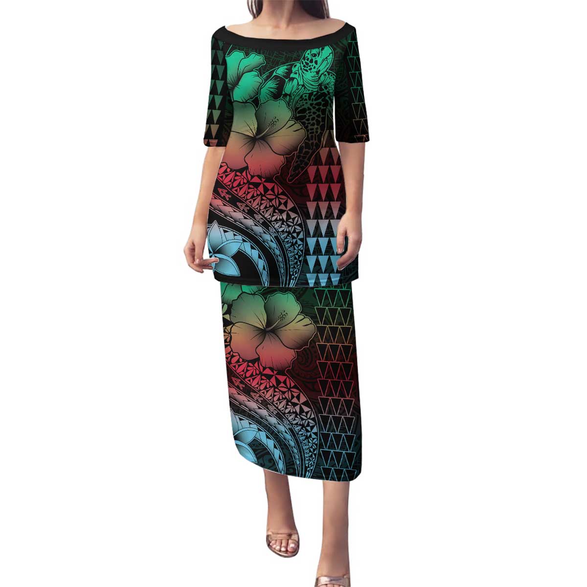 Hawaiian Sea Turtle Family Matching Puletasi and Hawaiian Shirt Green Hibiscus Flowers and Kakau Pattern LT9 Mom's Dress Green - Polynesian Pride