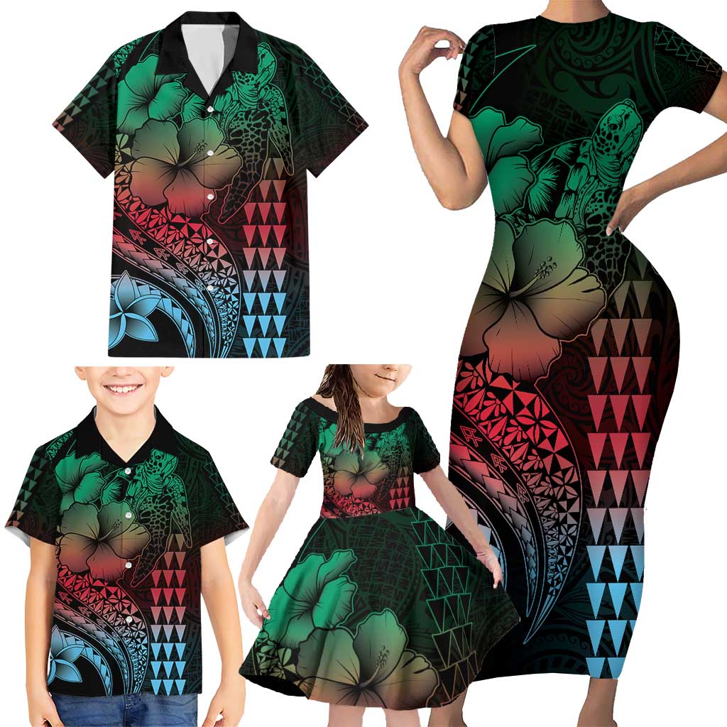 Hawaiian Sea Turtle Family Matching Short Sleeve Bodycon Dress and Hawaiian Shirt Green Hibiscus Flowers and Kakau Pattern LT9 - Polynesian Pride
