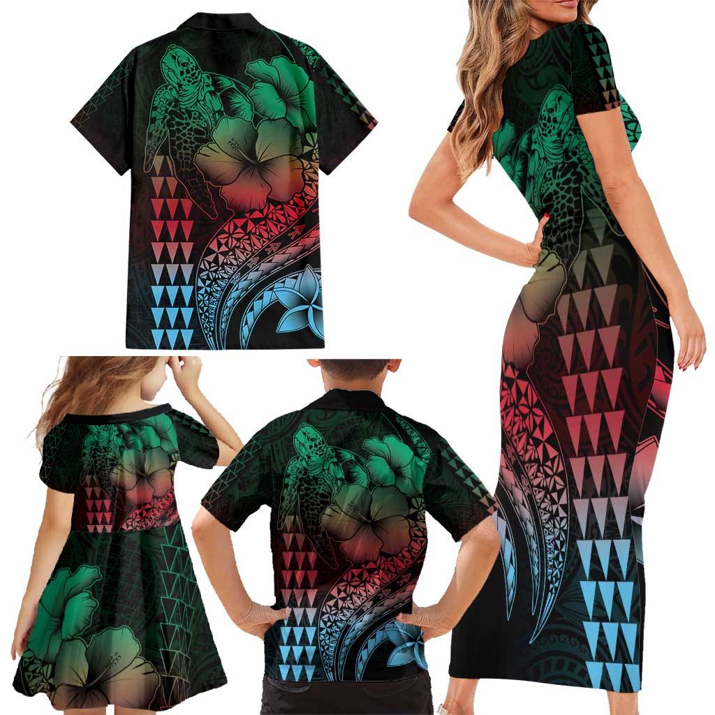 Hawaiian Sea Turtle Family Matching Short Sleeve Bodycon Dress and Hawaiian Shirt Green Hibiscus Flowers and Kakau Pattern LT9 - Polynesian Pride