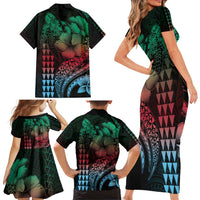 Hawaiian Sea Turtle Family Matching Short Sleeve Bodycon Dress and Hawaiian Shirt Green Hibiscus Flowers and Kakau Pattern LT9 - Polynesian Pride