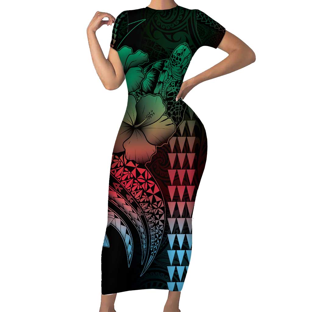 Hawaiian Sea Turtle Family Matching Short Sleeve Bodycon Dress and Hawaiian Shirt Green Hibiscus Flowers and Kakau Pattern LT9 Mom's Dress Green - Polynesian Pride