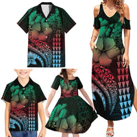 Hawaiian Sea Turtle Family Matching Summer Maxi Dress and Hawaiian Shirt Green Hibiscus Flowers and Kakau Pattern LT9 - Polynesian Pride