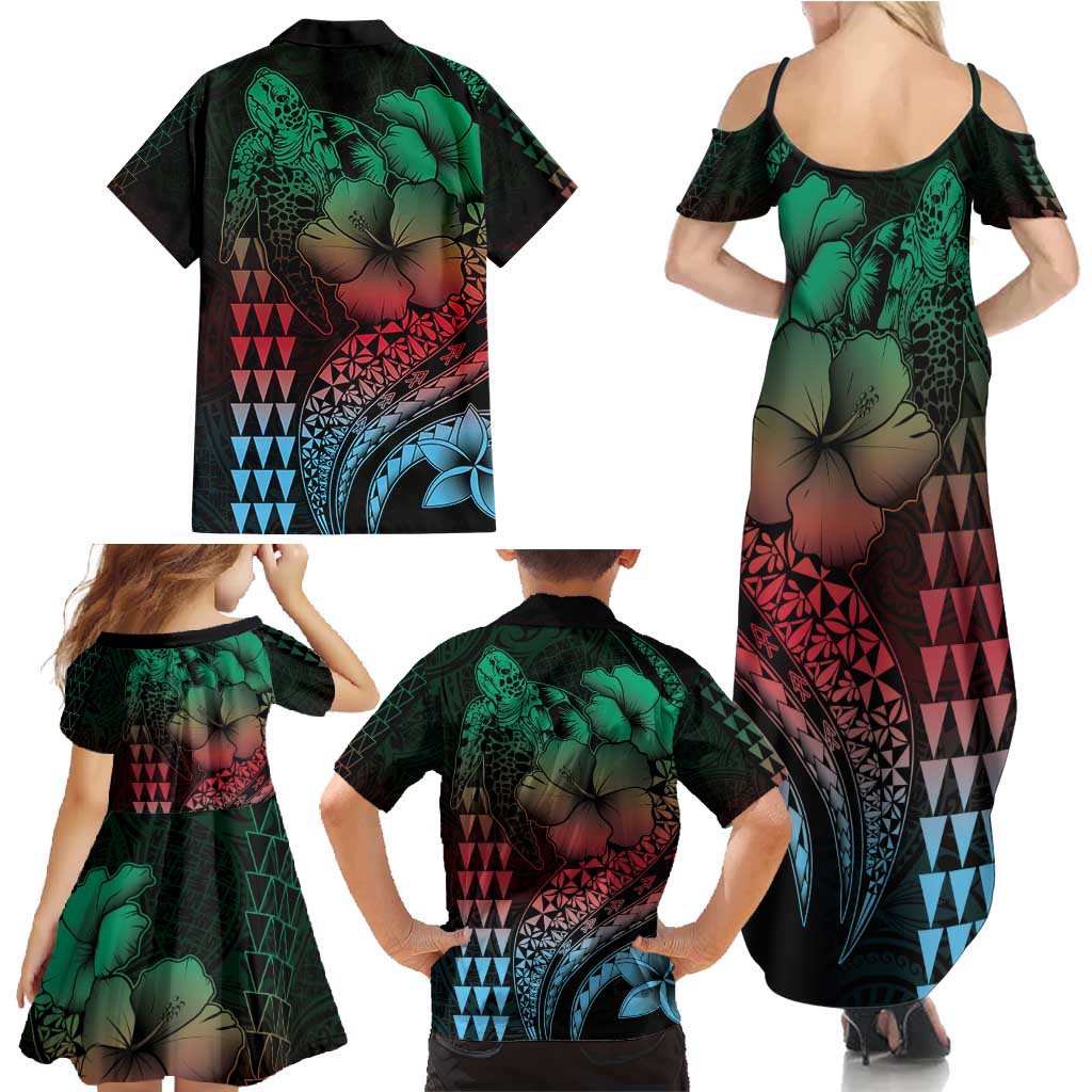 Hawaiian Sea Turtle Family Matching Summer Maxi Dress and Hawaiian Shirt Green Hibiscus Flowers and Kakau Pattern LT9 - Polynesian Pride