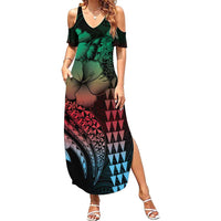 Hawaiian Sea Turtle Family Matching Summer Maxi Dress and Hawaiian Shirt Green Hibiscus Flowers and Kakau Pattern LT9 Mom's Dress Green - Polynesian Pride
