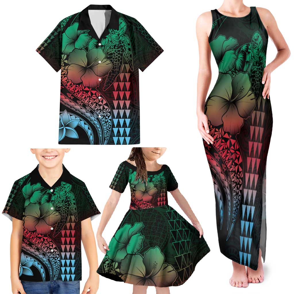 Hawaiian Sea Turtle Family Matching Tank Maxi Dress and Hawaiian Shirt Green Hibiscus Flowers and Kakau Pattern LT9 - Polynesian Pride