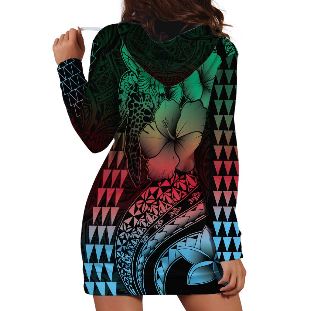 Hawaiian Sea Turtle Hoodie Dress Green Hibiscus Flowers and Kakau Pattern LT9 - Polynesian Pride
