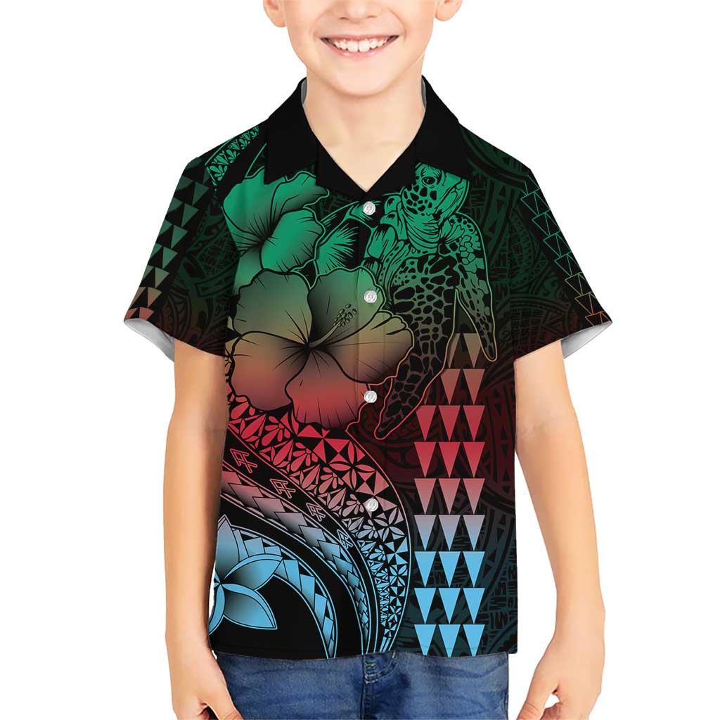 Hawaiian Sea Turtle Kid Hawaiian Shirt Green Hibiscus Flowers and Kakau Pattern