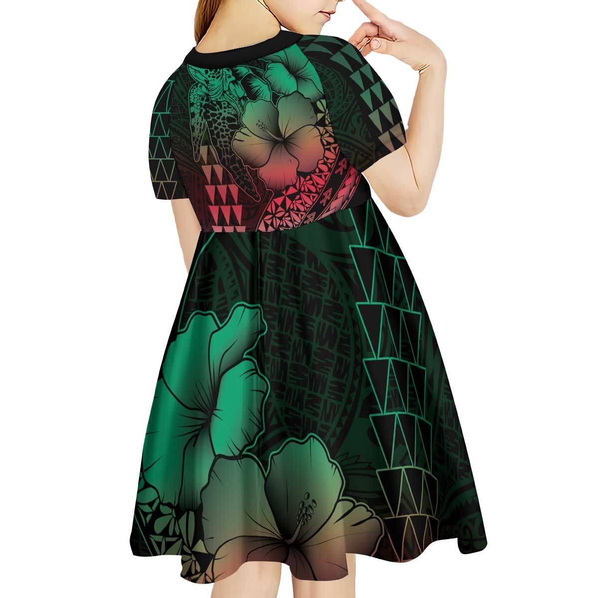 Hawaiian Sea Turtle Kid Short Sleeve Dress Green Hibiscus Flowers and Kakau Pattern