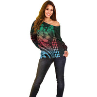 Hawaiian Sea Turtle Off Shoulder Sweater Green Hibiscus Flowers and Kakau Pattern