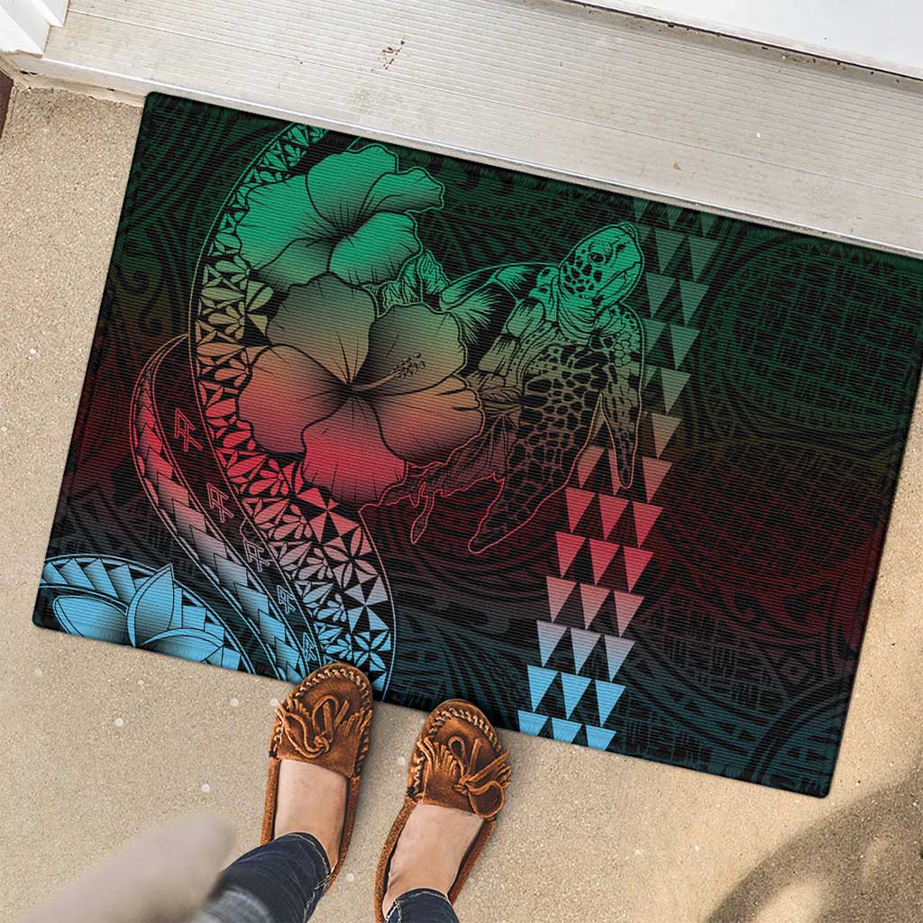 Hawaiian Sea Turtle Rubber Doormat Green Hibiscus Flowers and Kakau Pattern
