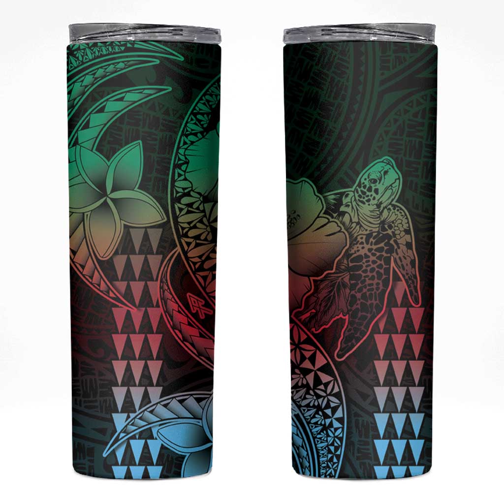 Hawaiian Sea Turtle Skinny Tumbler Green Hibiscus Flowers and Kakau Pattern LT9 Green - Polynesian Pride