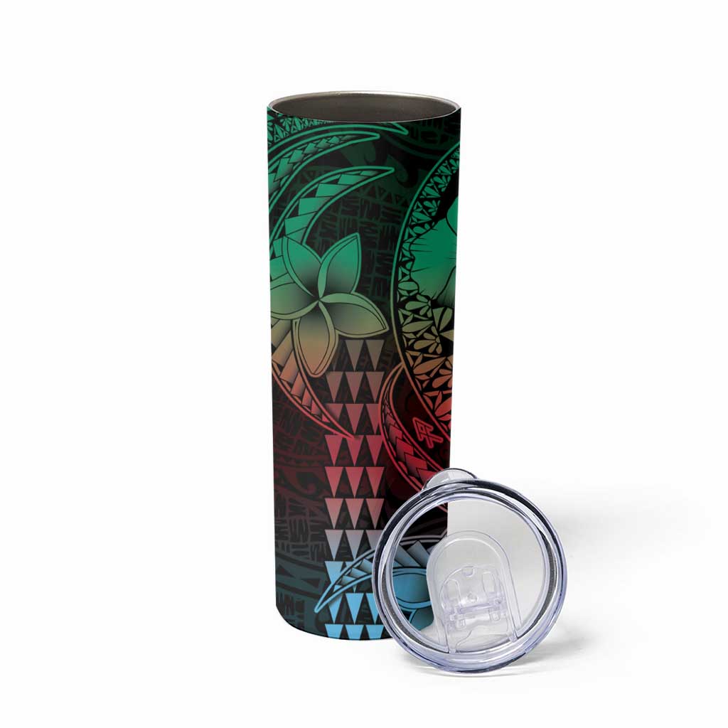 Hawaiian Sea Turtle Skinny Tumbler Green Hibiscus Flowers and Kakau Pattern LT9 - Polynesian Pride