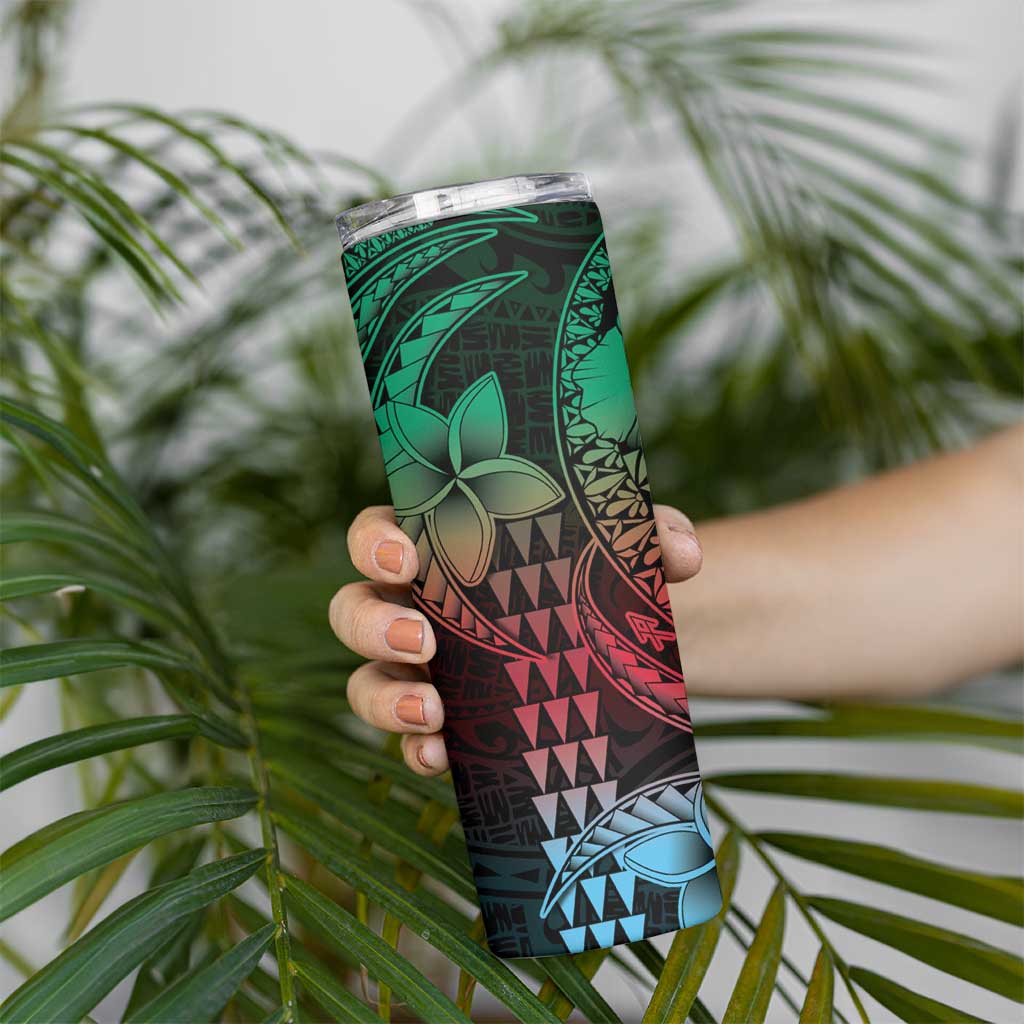 Hawaiian Sea Turtle Skinny Tumbler Green Hibiscus Flowers and Kakau Pattern LT9 - Polynesian Pride