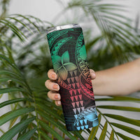 Hawaiian Sea Turtle Skinny Tumbler Green Hibiscus Flowers and Kakau Pattern LT9 - Polynesian Pride