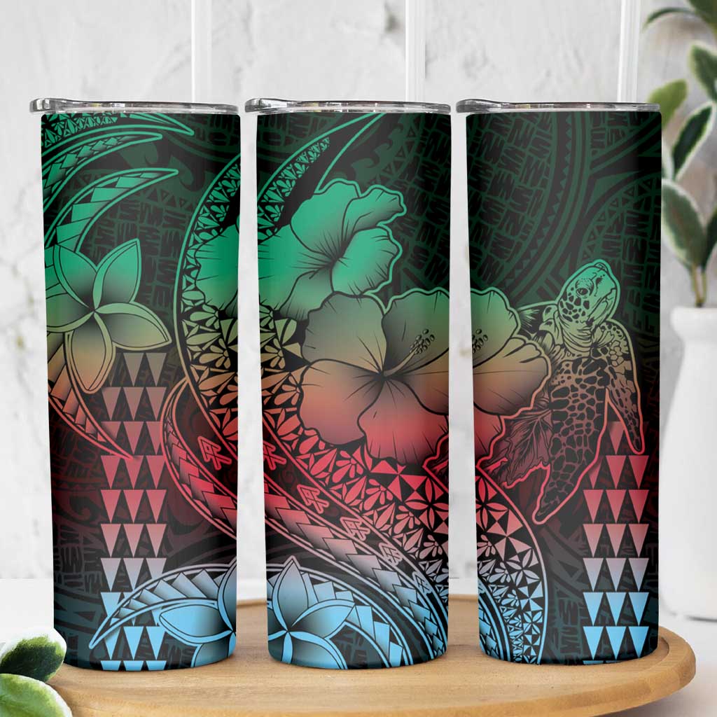 Hawaiian Sea Turtle Skinny Tumbler Green Hibiscus Flowers and Kakau Pattern LT9 - Polynesian Pride